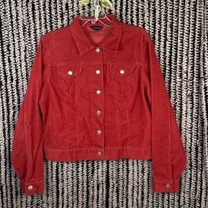 Lands End Red Corduroy Trucker Jacket Womens Large 14-16 Stretch Cotton Classic